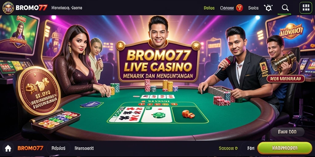 Screenshot BROMO77 menampilkan dealer yang menyapa pemain di meja Live Casino.