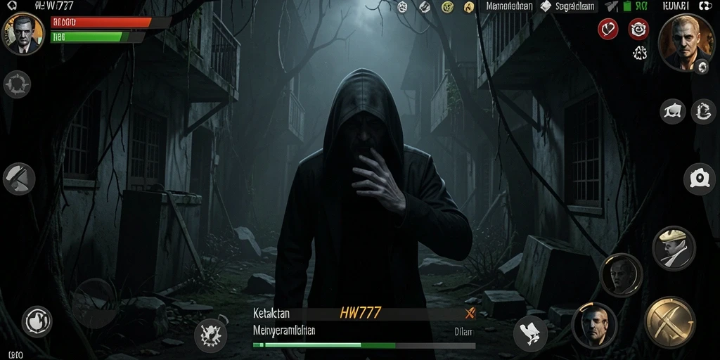 Tampilan gameplay mencekam HW777 dengan suasana menyeramkan.