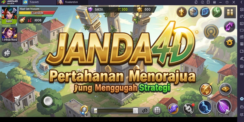Screenshot JANDA4D menampilkan aksi pertahanan menara yang intens.