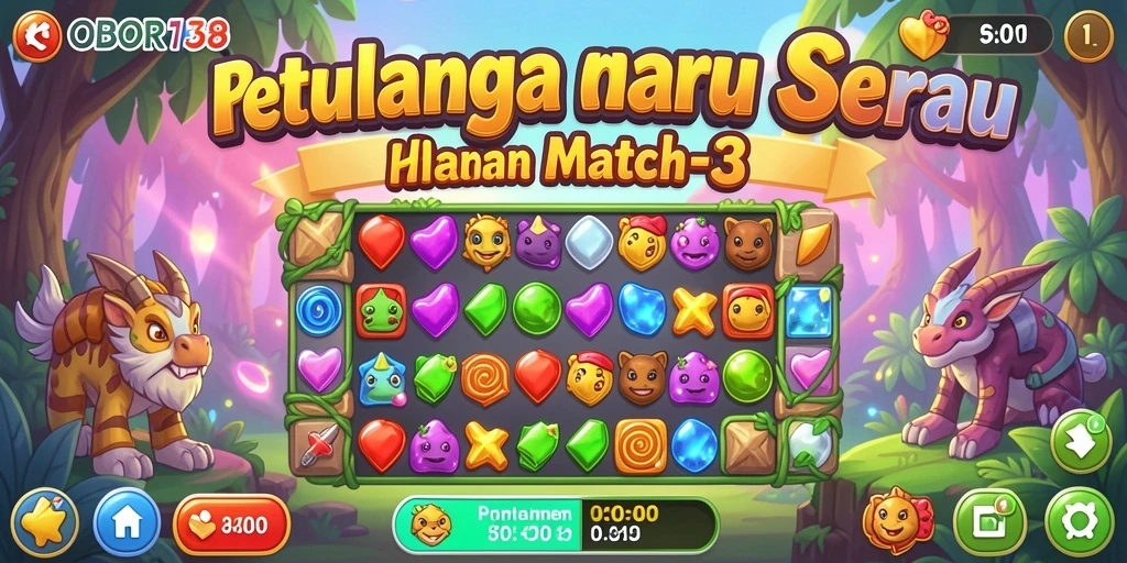 Screenshot gameplay OBOR138 dengan desain Match-3 yang menarik dan penuh warna.