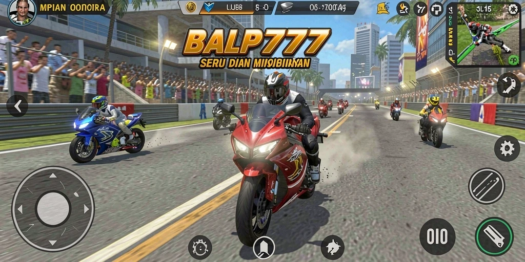 Tampilan gameplay seru dalam RP777 dengan aksi balapan motor.