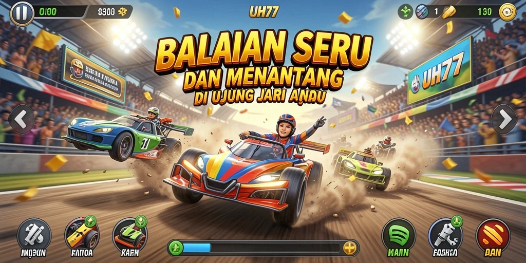 Tampilan gameplay UH77 yang mendebarkan di lintasan balap.