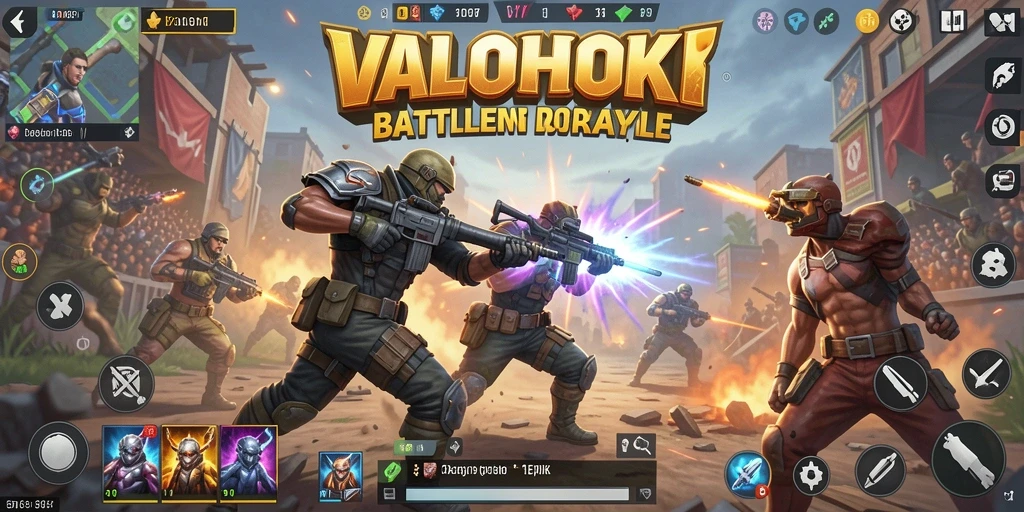 Tangkapan layar utama VALOHOKI menampilkan aksi seru dalam game Battle Royale.